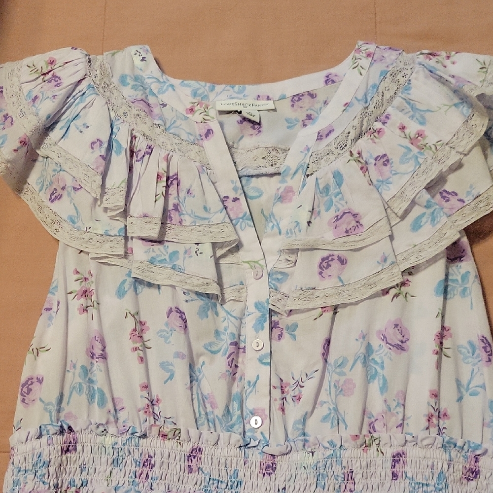 LoveShackFancy Floral Mini Dress in Lavender and Light Blue